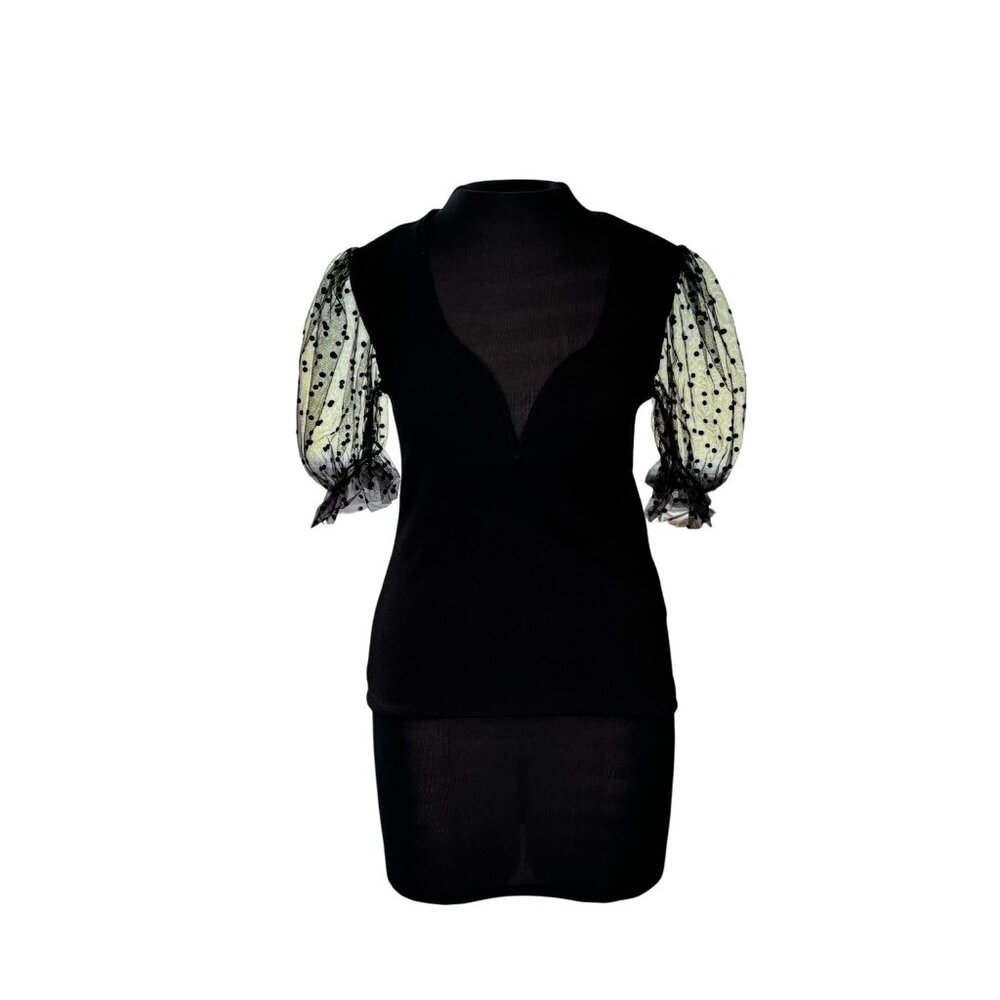 Black Sheer Puff Sleeve Blouse With Polka Dot Design